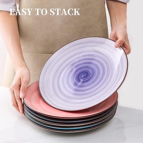 KitchenTour Large Ceramic Dinner Plates, 10 Inch Porcelain Serving Plate for Salad, Dessert Pizza Steak Pasta Plates Set, Dishwasher and Microwave Safe - Set of 6, Assorted Warm Colors thumbnail 6