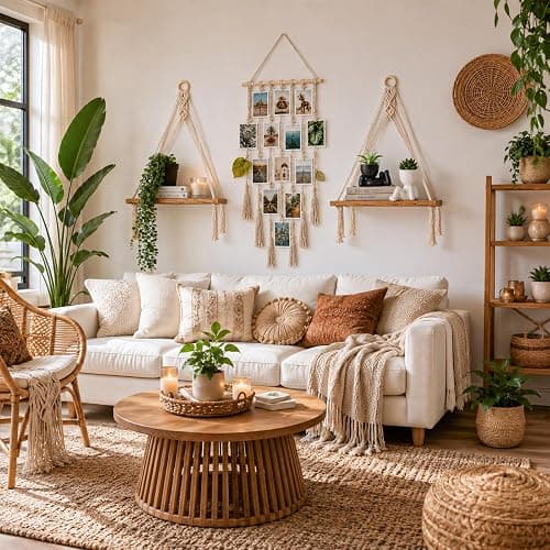 EASLIV Boho Wall Decor Set of 6, Aesthetic Room Shelf Wall Decor Indoor | 2 Pack Hanging Shelves + Hanging Photo Display with 10 Clips + 1Pcs Fake Hanging Eucalyptus + 2Pcs Fake Succulents Plants thumbnail 3