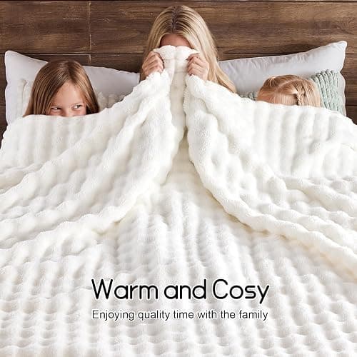 Lotus Karen 3D Bubble Fleece Blanket for Couch - Ultra Soft Fluffy White Throw Blanket for Sofa Bedroom, Lightweight Cozy Throw for All Season, Adults Women Kids Off White, 50"x60" thumbnail 7
