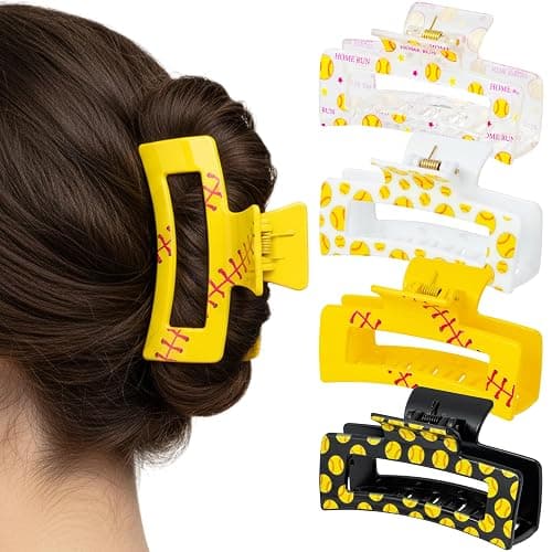 PANTIDE 4Pcs Softball Hair Claw Clips for Women Girls - Sport Game Day Rectangle Nonslip Banana Hair Clips, Thin Thick Short Long Curly Hair Accessories, School Daily Softball Party Birthday Gift - Image 1