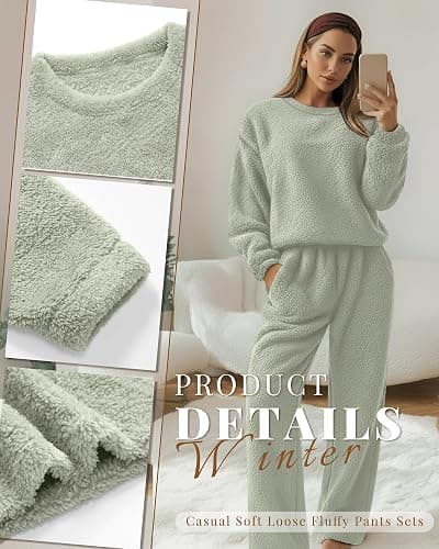 Oakgarden Women's Fuzzy Pajamas Sets Warm Fleece Loungewear Outfit Cozy Long Sleeve Fluffy Pullover Pant Set 2 Piece thumbnail 4