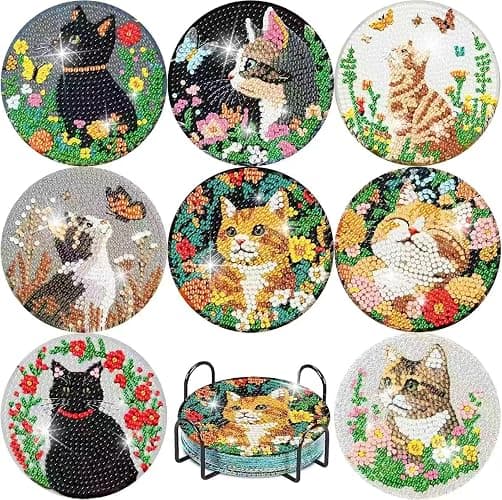 KYOQFVN 8 Pcs Cat Diamond Art Coasters Kit for Adults Beginners - Diamond Painting Coasters with Holde, DIY Cat and Flowers Gem Art Dots Paintings for Home Decor - Image 1