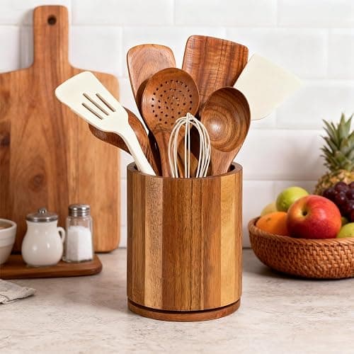 gorsent Wooden Utensil Holder, 360°Rotating 7.3'' Large Utensil Holder for Kitchen Counter, Kitchen Utensil Organizer, Utensil Crock, Farmhouse Kitchens Countertop Decor, Acacia Wood thumbnail 2