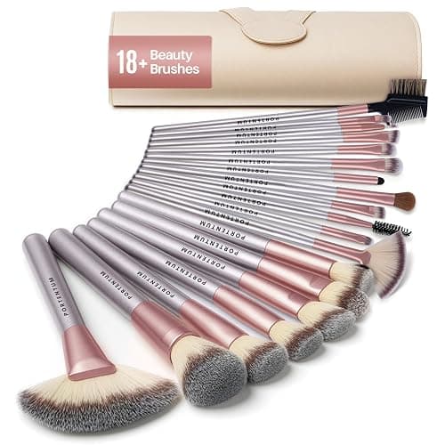 PORTENTUM Pinceaux maquillages Lot de 18 avec étui de voyage, manche en bois professionnel Kabuki en fibre synthétique de qualité supérieure pour fond de teint - Image 1