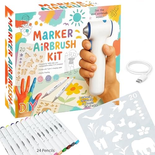 BECUSSITTA Airbrush Marker Sprayer Set for Kids - 24 Washable Markers & 20 Stencils - Fun Arts & Crafts Kit for Ages 5-9 - Creative Gift for Boys & Girls - Cordless Rechargeable Electric - Image 1