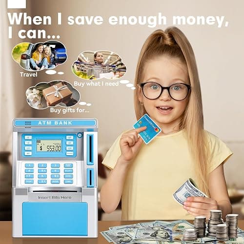 Blue Piggy Bank for Kids, ATM Machine Bank for Real Money with Debit Card, Bill Feeder, Coin Recognition, Balance Calculator, Electronic Savings Safe Box, Gifts for Teen Boy Girl thumbnail 6