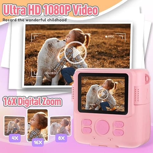 ESOXOFFORE Instant Print Camera for Kids, Christmas Birthday Gifts Girls Boys Age 3-12, HD Digital Video Cameras Toddler, Portable Toy 3 4 5 6 7 8 9 10 Year Old Girl with 32GB SD Card-Pink thumbnail 4