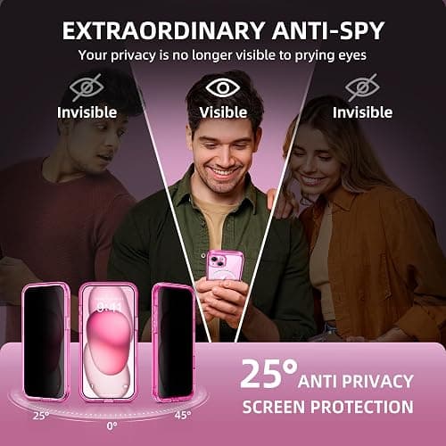 TIESZEN for iPhone 15 Case, Compatible with MagSafe, Built-in Privacy Screen Protector and Camera Protection, Anti Spy Full Body Dustproof Shockproof Hard Phone Case 6.1", Fluorescent Pink thumbnail 2