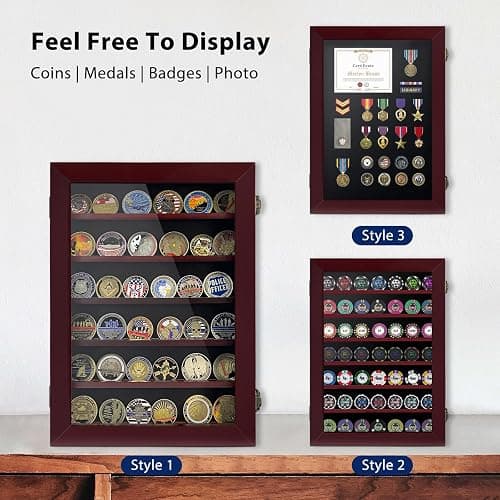 ASmileIndeep Military Challenge Coin Display Case 6 Rows Wooden Army Coin Holder with HD Tempered Glass Lockable Coin Wall Dsplay Box with Removable Shelves, Red thumbnail 6