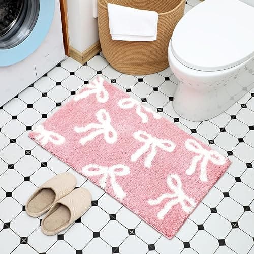 Tinideya Pink Bow Bathroom Rug 20x32 Inch Coquette Bath Mat Non Slip Absorbent Microfiber Floor Mat Machine Washable Cute Bow Rug for College Dorm Vanity Bedroom Bathroom Decor thumbnail 5