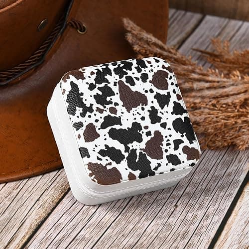 Western Jewelry Box Case Black Brown Cowhide Print Travel Jewelry Organizer Christmas Gifts for Women Country Girls Cowgirl Stuff Small Portable Travel Accessories for Women -White Cowhide thumbnail 6