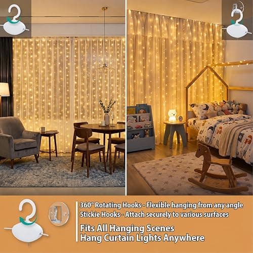 HXWEIYE 300LED Fairy Curtain Lights, 9.8x9.8Ft USB, Remote, 8 Modes & Timer | Dimmable, Christmas String Hanging Lights for Bedroom, Wedding Backdrop and Indoor Wall Decor, Warm White thumbnail 3