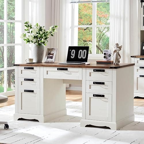 RedLemon 60" Farmhouse Executive Desk with Drawers, Wood Home Office Desk w/Charging Station, Keyboard Tray, File Drawer, Storage Cabinet, Rustic Computer Writing Desk (Antique White) - Image 1