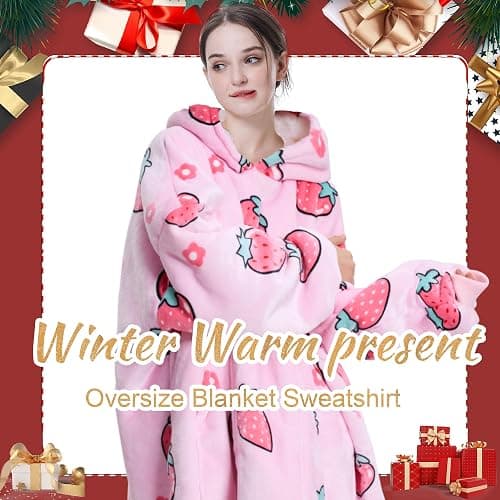Aemicion Blanket Hoodie for Adults,Super Warm Cozy Giant Wearable Blanket,Thick Sherpa Sweatshirt Blanket with Sleeves as Gifts for Women Mom Teen Girls -Pink Strawberry thumbnail 7