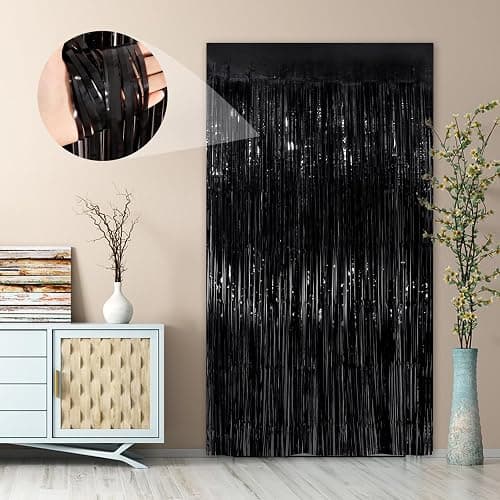 Black Foil Curtain Backdrop, 2Pack Metallic Tinsel Fringe Curtain Streamers | 3.3x8.3Ft Black Party Decoration for Birthday, Halloween, Wedding Bridal Baby Shower, Graduation, Door streamers, Photo Booth thumbnail 7