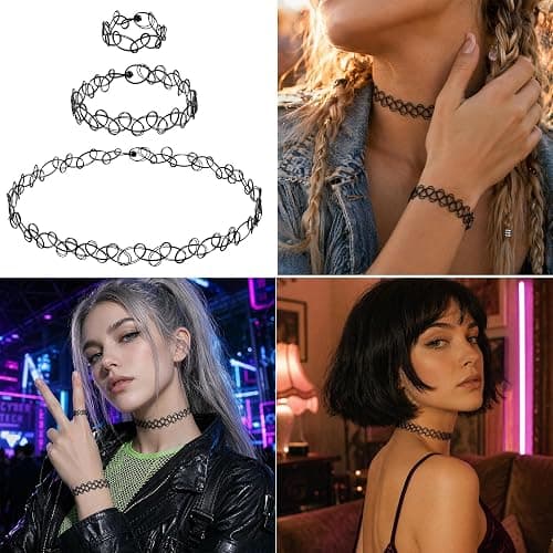 guleon15Pcs Tattoo Choker Set, Stretchy 90s Choker Necklace for Women,Black | 0.47in width, plastic, 5 sets of necklace bracelet ring, simple tattoo pattern, for 90s, retro, y2k styling, daily, party thumbnail 4