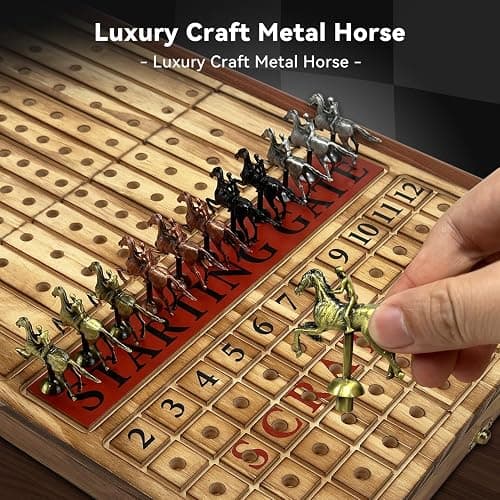 Large 23 inches Horse Racing Board Game with 11 Luxury Metal Horses, Foldable Wood Horse Race Board Game with 2 Sets of Dice, 2 Boxes of Cards for Parties and Gambling thumbnail 4