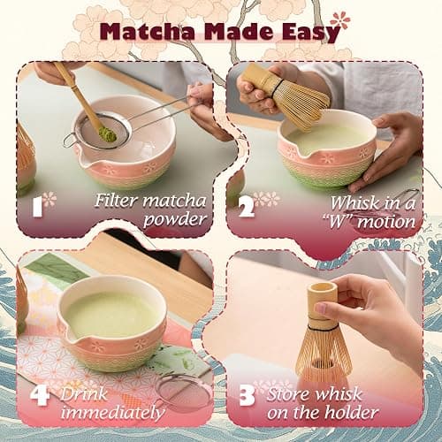 Matcha Tea Set, 8 Pcs Japanese Matcha Kit with Cherry Blossom and Wave Design Ceramic Bowl, Bamboo Whisk, Whisk Holder, Scoop, Sifter, Brush, Matcha Kit Set for Matcha Lovers (Pink-Green) thumbnail 7