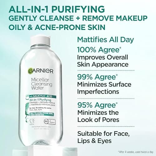 Garnier Micellar Water with Salicylic Acid, All-in-1 Mattifying Facial Cleanser and Makeup Remover for Oily and Acne Prone Skin, 13.5 Fl Oz thumbnail 2