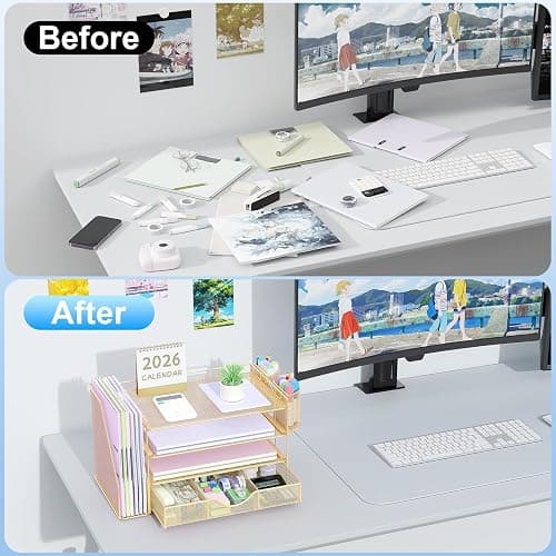 gianotter Desk Organizers and Accessories with File Holder, 4-Tier Desk Accessories & Workspace Organizers with Drawer and 2 Pen Holder, Paper Organizer for Office Supplies(Gold) thumbnail 4