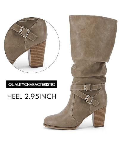 Ermonn Womens Mid Knee High Boots Chunky Heel Slouchy Metal Buckle Side Zipper Fashion Winter Shoes thumbnail 5