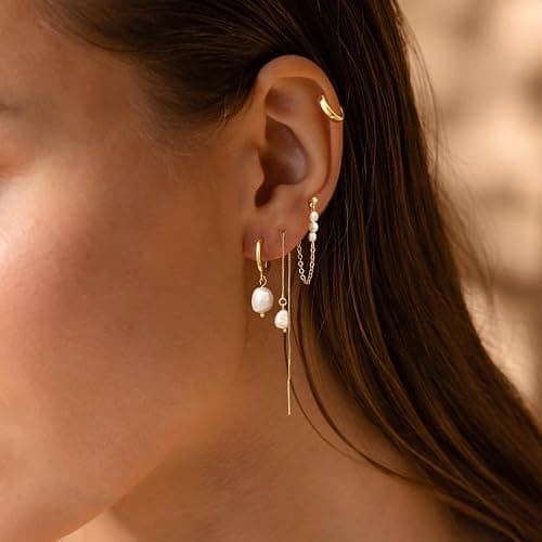 Pearl Earrings for Women, Gold Plated Huggie Hoop Drop Earrings | Hypoallergenic pearl hoop earrings designed for multiple piercings, cartilage styling and everyday wear thumbnail 7