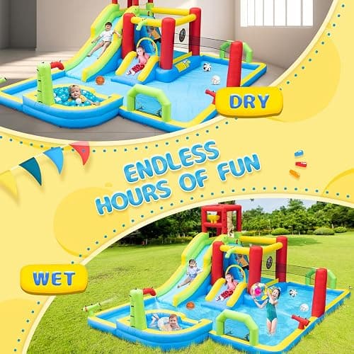 JOISTOON Inflatable Water Slides Park, Large Water Castle for Kids Fun Outdoor Jumping Inflatable Bouncers with Extra Large Pool and 2 Slides, 3 Types of Ball Games, Easy to Set Up with Air Blower thumbnail 5