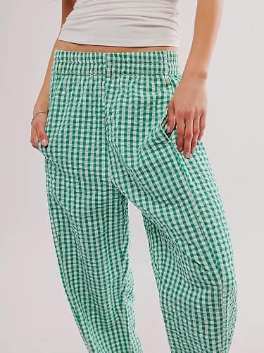 YKR Plaid Pants for Women Gingham Lounge Wide Leg Low Waist Pajama Pants Elastic Waist Trousers with Pocket thumbnail 2