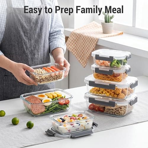 Dealusy 10 Sets (20-Piece) 36 oz & 12 oz Glass Food Storage Containers with lids, Airtight Leak-proof Glass Meal Prep Containers with Lids, Microwave Oven Freezer Dishwasher Safe, Gray thumbnail 2