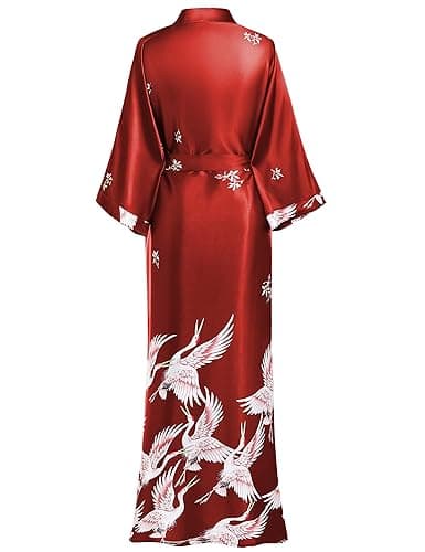 PRODESIGN Long Kimono Robe Satin Sleepwear Blouse Bathrobe Nightgown Silky Crane Kimono Cardigan Robe thumbnail 3