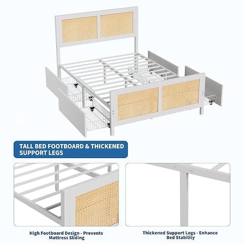 Garvee Rattan Full Bed Frame with LED Headboard (7 Colors), Boho Cane Platform Bed with 4 Large Drawers, Strong Metal Slats Support, Noise Free, No Box Spring Needed, Easy Assembly, White thumbnail 5