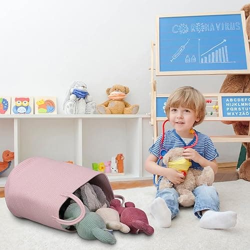 XUANGUO Cotton Rope Laundry Basket Hamper for Girls Kids Baby Nursery Hamper Bin Woven Storage Basket for Living Room Girls room Boho Tall Rope Baskets for Blanket Toys Large light pink thumbnail 8