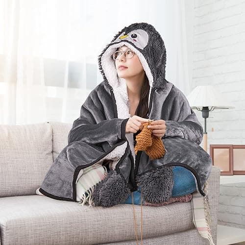 Penguin Wearable Hooded Blanket for Adults – Fuzzy Super Soft Warm Cozy Plush Flannel Fleece & Sherpa Hoodie Throw Cloak Wrap - Penguin Gifts for Women Adults Girls and Kids thumbnail 2