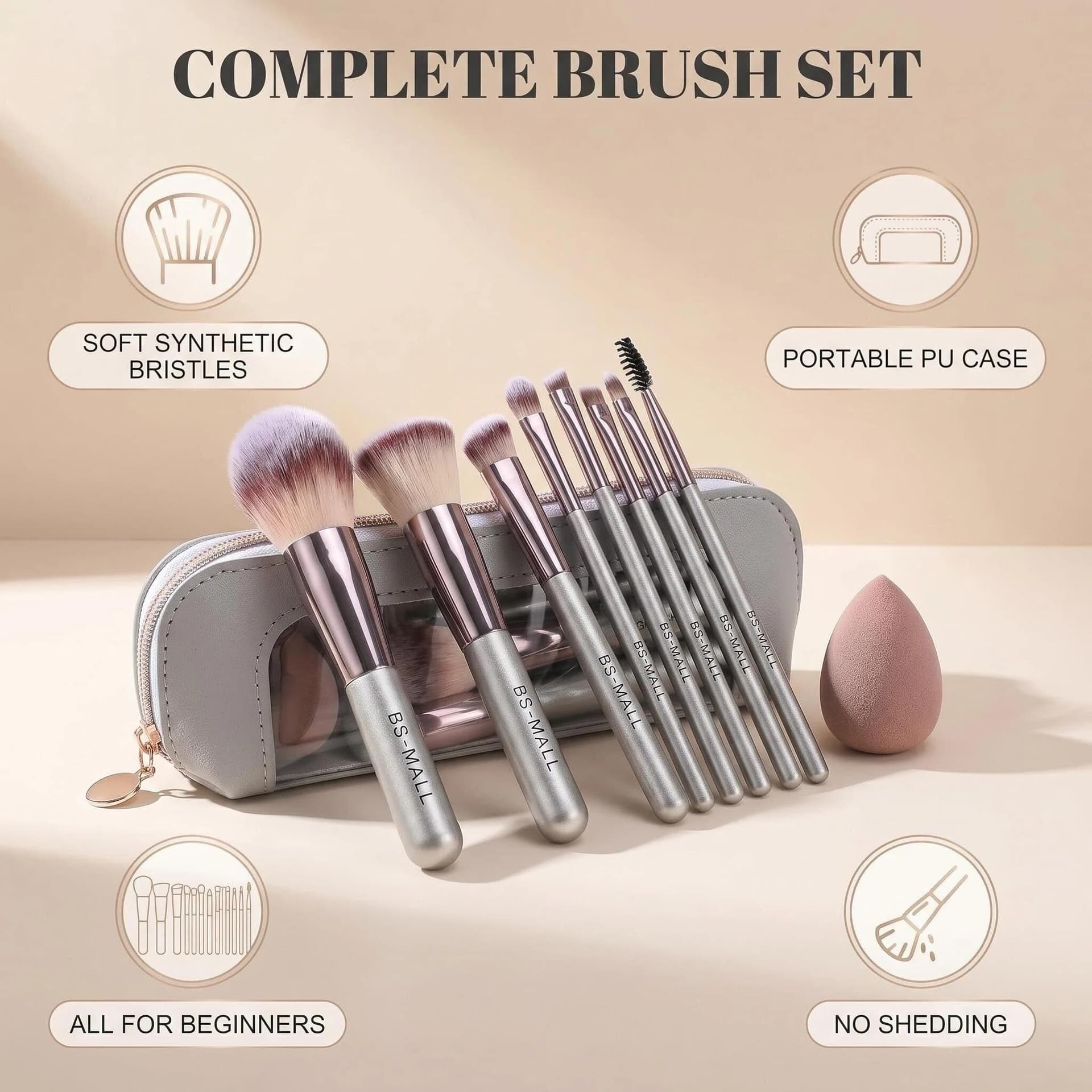 BS-MALL 14 Pcs Makeup Brushes Set with 1 Pcs Makeup Sponge – Essential Foundation Powder Concealers, Eye Shadows, Blush Makeup Brushes with Travel Makeup Case (Champagne) | Soft Synthetic Brush Kit for Women Beginners & Travelers & Eyeshadow thumbnail 2