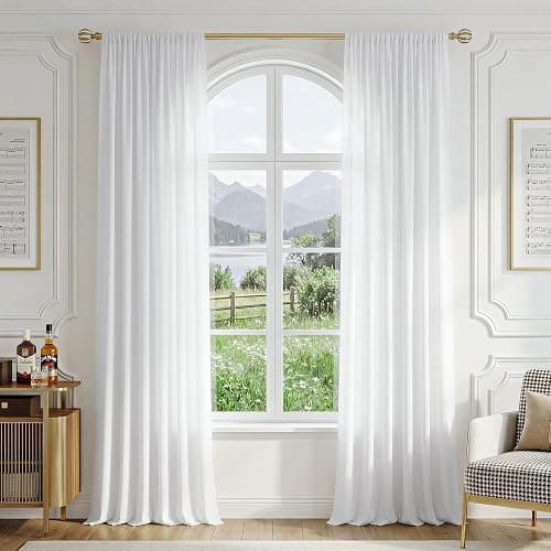 FMFUNCTEX Sheer Non-See-Through White Curtains for Bedroom, Faux Silk that Let Light Curtains 84 inches Long Light Filtering Privacy Sheer Window Drapes for Living Room, Rod Pocket 2 Panels Set thumbnail 2
