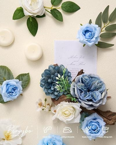 Artificial Blue Flowers Combo Box Set Baby Blue Rose Flowers Bulk Mix Dusty Blue Dahila Peonies Fake Silk Light Blue Flower Bouquets for Wedding Bridal Shower Table Centerpieces Home Party Decor thumbnail 2