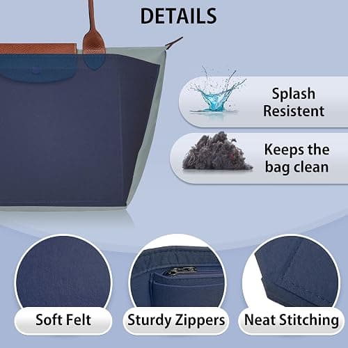 HomeGadget Organizer per Borsa Longchamp Taglia L - Organizzatore Le Pliage per Tasca da Donna - Interno per Shopper - Borsetta in feltro per Accessori - Blu Scuro thumbnail 6