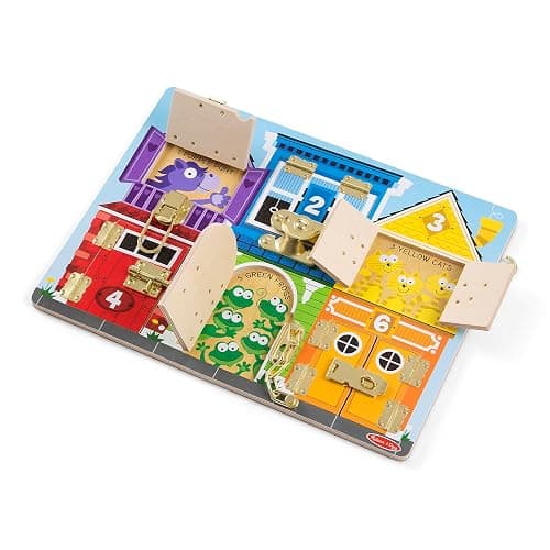Melissa & Doug Wooden Latches BoardSensory Activity Toy for Kids, Doors and Locks Toy, Wooden Busy Board, Toddler Toys for Ages 3+ - Image 1