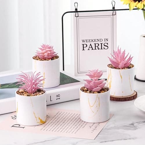 Der Rose Set of 4 Succulents Plants Artificial for Office Desk Accessories for Women Pink Home Decor thumbnail 6