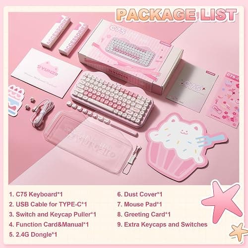 YUNZII C75 Wireless Mechanical Keyboard,75% Layout, Hot-Swappable NKRO,BT5.0/2.4G/USB-C Mode,Dye-Sub PBT MOA Keycaps,RGB Gasket Mount,Cute Cake Design for Mac/Win/Gaming (Pink, Candy Switch) thumbnail 9