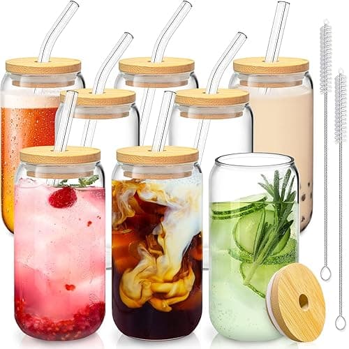 SENTVEND 16 Oz Drinking Glasses with Bamboo Lids and Glass Straw - 8 Pcs Glass Cups Beer Ice Coffee Glasses Cute Aesthetic Cup Great for Coffee Bar Accessories Include 2 Cleaning Brushes - Image 1