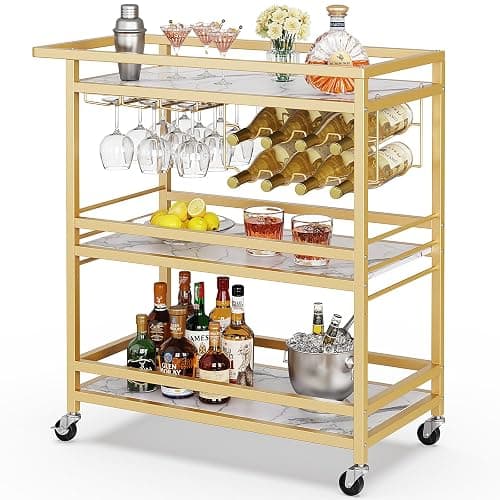 Leteuke Bar Cart for Home, 3 Tier Gold Serving Rolling Carts with Wheels, Drink Cart, Liquor Stand with Marbled Wooden Shelves, Wine Rack and Glass Holder for Kitchen, Dining Room - Image 1