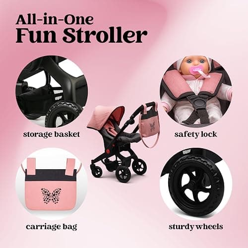 Baby Doll Convertible Travel Stroller for Girls Toddler Play Toy Car Seat Two in One Foldable Carriage for Kids with Diaper Bag Pretend Play Stroller for Doll thumbnail 3