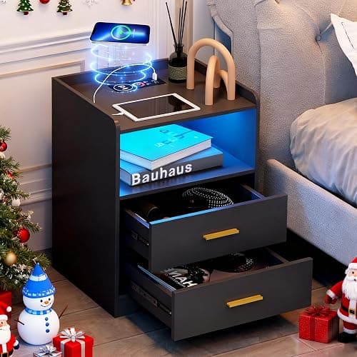 dnbss Black LED Nightstand with Charging Station, Modern Night Stands with 24-Color RGB LED Lights, Smart Lighted Black Bedside Table with 2 Drawers for Bedroom - Image 1