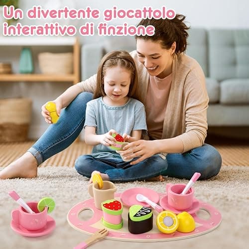 Seagoal Set da Tè di Legno, Cucina Giocattolo per Bambini, Giochi Regalo 3 4 5 Anni, Accessori da Torta Dessert Gioco di Ruolo thumbnail 7