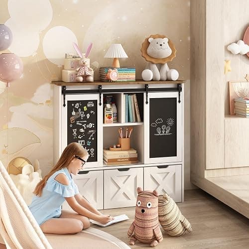 Vabches Toy Storage Organizer with Sliding Chalkboard, Kids Bookshelf and Bookcase with 3 Movable Drawers & 5 Storage Cubbies, Multifunctional Storage Cabinet Toy Chest for Playroom,Nursery, Kids Room thumbnail 8