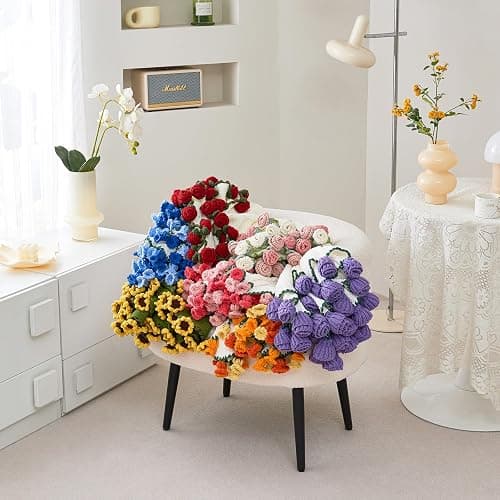 Crochet Flower Bouquet Throw Blanket, Handmade Knitted Blanket with Rose Flowers, Cute Romantic Gift for Her Girlfriend Mom Mother’s Day Valentine Wedding Anniversary Birthday, Pink and White thumbnail 6