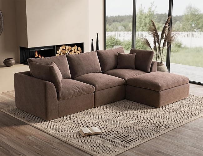 ohllob 110" Cloud Sectional Couches for Living Room, Boneless L-Shape Couch with Ottoman, 3 Seater Modular Sectional Sofa, Brown - Image 1