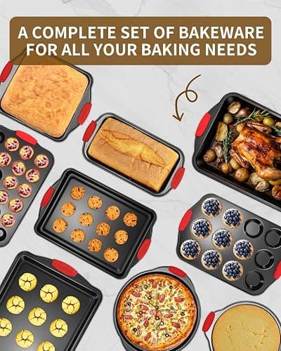 Ymiton Baking Pans Set with Silicone Handles, 34 PCS Nonstick Bakeware Sets, Oven Pan Set Includes Baking Tray, Cookie Sheet, Cake Pans, Loaf Pan, Muffin Pan, Pizza Pan thumbnail 3