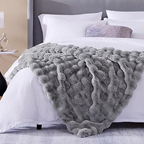 CozyBloom Luxury Soft FauxFur Throw for Couch - Decorative Cozy Plush Long Shaggy Fluffy Grey Solid Comfy Fleece Furry Reversible Puffy Thick Warm Blanket - 50''X60'' (JF003) - Grey - Throw-50" x 60" thumbnail 2